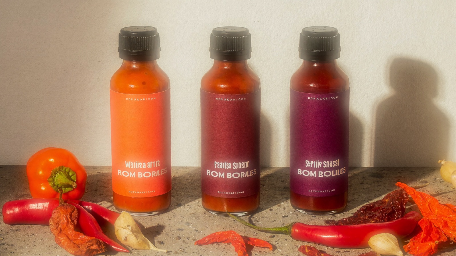 Three Scorchline hot sauce bottles standing on a concrete slab surrounded by scattered fresh chili peppers